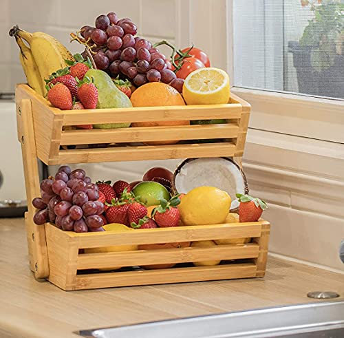 Unibos Bamboo Fruits Vegetable Basket, Bread and Eggs Storage Bowl Stand, Decorative Detachable 2-Tier Basket Holder