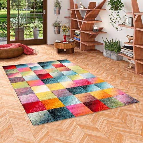 Kurzflor Wohnzimmer Designer Teppich Maui Modern Bunt Karo in 5 Größen