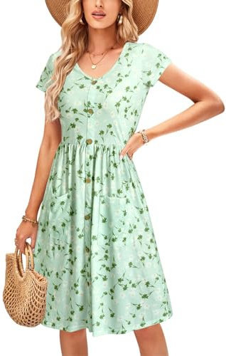 OUGES Women's Summer Short Sleeve Dress V Neck Casual Button Down Midi Ladies Dresses with Pockets(Floral32,L)