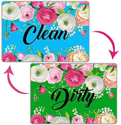 Dishwasher Magnet,Clean Dirty Sign Indicator- Double Sided Magnet with Bonus Universal Magnetic Plate, Kitchen Dish Washer Refrigerator Reversible Indicator Blooming Floral