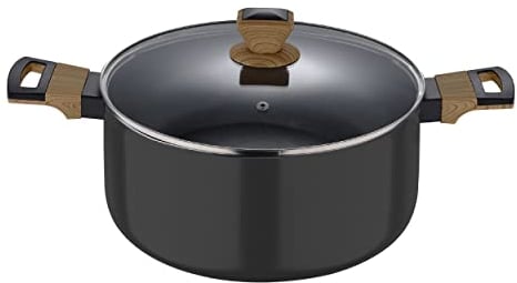 Bergner - Casseruola 24x13,5cm in alluminio con maniglie soft touch effetto legno e coperchio in vetro, linea Earth Black induzione