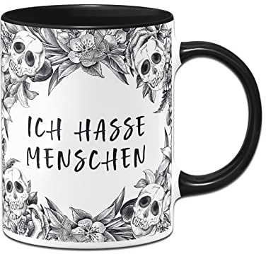 Tassenbrennerei Totenkopf Tasse - Ich hasse Menschen - Kaffeetasse lustig mit Spruch und Totenkopfmotiv - Skull Statement (Schwarz)