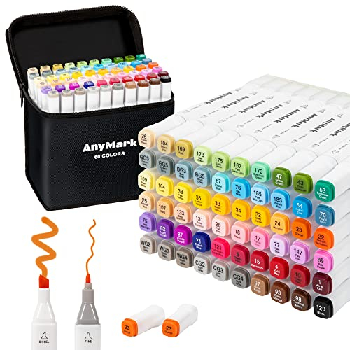 AnyMark 60 Colours Alcohol-Based Colouring Pens for Adults with Dual Tips, Chisel & Fine Tips Alcohol Markers Set for Drawing, Sketching