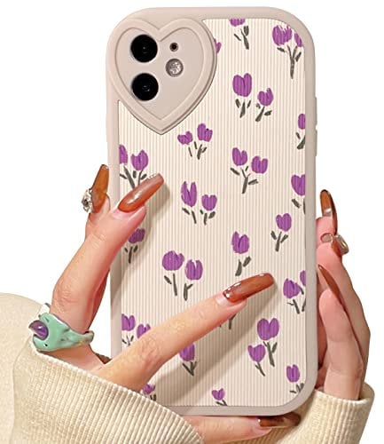 NITITOP Compatible for iPhone 11 Case Cute Flower for Girls Women Floral with Love Lens Bumper Protector Soft TPU Shockproof Protective Girly - Purple Flower