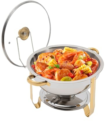 Chafing Dish in acciaio inox dorato, 5 l, scaldavivande rotondo Rechaud con 1 coperchio, 1 vassoio per acqua e 1 supporto per carburante, contenitore termico per feste, caffetteria e matrimoni