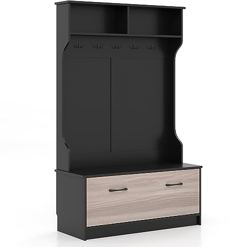 Multigot Coat Rack Stand, Free Standing Hall Tree with Shoe Storage Bench and 5 Double Hooks & 2 Shelves, Wooden Clothes Hanger Storage Organizer for Hallway Entryway Bedroom Living Room (Black)