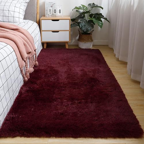 Mateju Teppich Wohnzimmer, Teppich Flauschig 200x300, Modern Hochflor Teppich Schlafzimmer Bettvorleger Teppich Waschbar für Wohnzimmer Schlafzimmer Kinderzimmer Wohnzimmer (180x250cm,Weinrot)