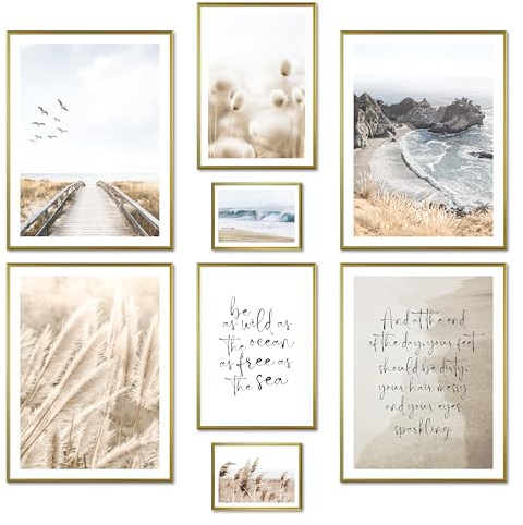 ARTFAVES® Set di poster - PAMPA DEL MARE BEIGE - decorazione da parete in più parti Soggiorno e camera da letto - 8 quadri da parete moderni Erba di pampa, spiaggia, mare, marittimo - cornici oro