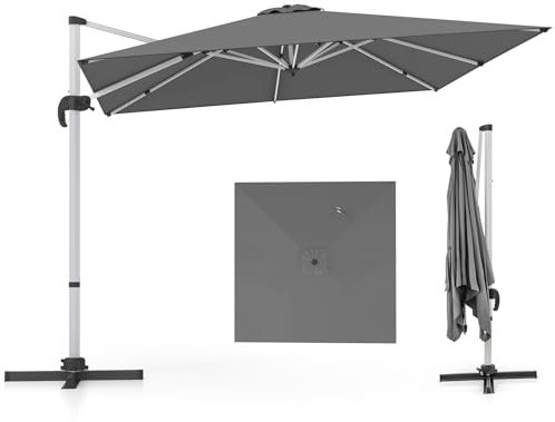 COSTWAY Sombrilla Terraza Exterior rectangular con Base 3x3m, Parasol Jardin Excentrico, Rotación de 360°, Inclinación Ajustable, Guarda Sol Jardin Exterior, Manivela y Base en Cruz (gris)