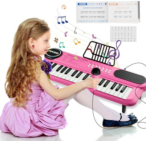 Teclado Piano Electrónico Infantil Rosa, Instrumento Musical 37 Teclas con Micrófono, Juguetes Educativos Portátiles con Sonido, Regalos de Cumpleaños de Navidad para Bebés Niñas de 2 3 4 5 Años