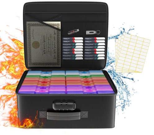 Tamfile Caja de almacenamiento de fotos ignífuga con 18 fundas interiores multicolor de 4 x 6 pulgadas, organizador de fotos de plástico con cerradura para fotos, tarjetas, manualidades, sellos y