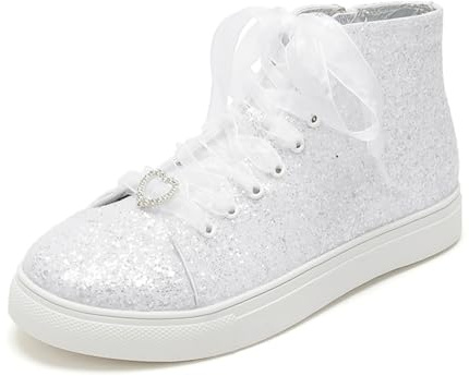Scarpe da Ginnastica da Sposa da Sposa con Lacci da Donna Scarpe da Tennis A Punta Tonda con Cerniera Laterale Tacco Basso Moda Glitter Trainer,Bianca,41 EU