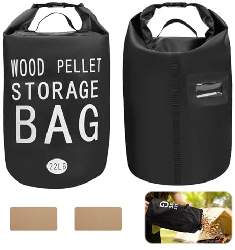 YIBOBO 22LB Waterproof Wood Pellet Storage Bag - 500D PVC Charcoal Storage Container with Dual Handles, Label Pocket & Buckle Seal for Grill Smoker BBQ Outdoor Use (1, 22LB-Black)