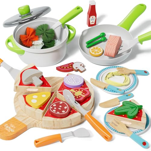 Lehoo Castle Wooden Pizza and Pasta Play Food Set, Kitchen Toy for Kids 3-8 | Kids Role-Play Sets Includes Stockpot, Frying Pan, Utensils, Play Kitchen Accessories, Birthday Gift for Boys & Girls 3 4 5 6