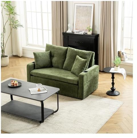 INMOZATA Convertible Pull-Out Sofa Bed with Cup Holders & Storage Pockets, Chenille Loveseat Sleeper Sofa with 4 Pillows,Space-Saving Couch Bed for Apartments, Dorms & Compact Living Spaces (Green)