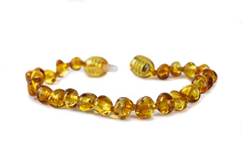 Baby J's - Bracelet couleur miel - Bracelet en ambre de qualité supérieure - 100% ambre de la Baltique - Équipé d'un fermoir à vis de sécurité - Noué pour éviter les dispersions - 12 cm