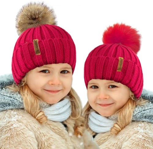 TOSKATOK® Kinder Mädchen Winter Beanie Bobble Hut mit abnehmbarem veränderbaren Faux Pelz Pom Pom