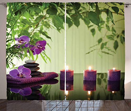 ABAKUHAUS Zen Rustikaler Gardine, Spa Kerzen Orchideen Bloom, Schlafzimmer Kräuselband Vorhang mit Schlaufen und Haken, 280 x 175 cm, Hellgrün Farngrün