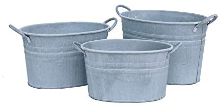 Dipamkar Set of 3 Large Rustic Galvanised Planter Metal Plant Pots Garden Tub Planters with Handles for Indoor & Outdoor