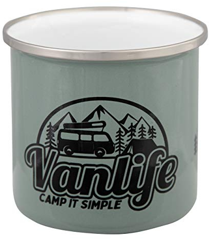 MUGSY Emaille Tasse, Vanlife Spruch & Motiv, 300ml, olivgrün, Camping & Outdoor Ausrüstung