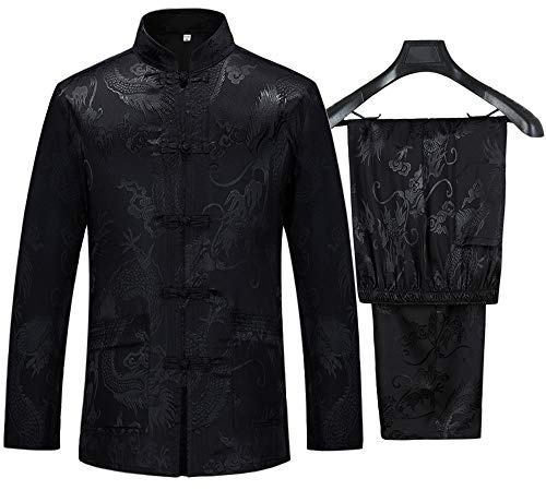 Tang Suit Men Hanfu Chinese Traditional Clothes Kung Fu Shirt Uniform Long Sleeved Coat Tops and Pants (Black, Large)