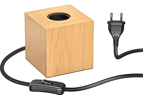 ledscom.de Lampe de table HITO, interrupteur, bois véritable (hévéa), carré, marron clair, 1x E27 max. 60W