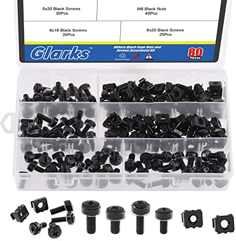 Glarks Lot de 80 ensembles/160 écrous et vis M5 M6, M5 x 16 mm, M5 x 20 mm, M6 x 16 mm, M6 x 20 mm, écrous de cage et rondelles de vis de montage pour rack de serveur et armoire (noir)