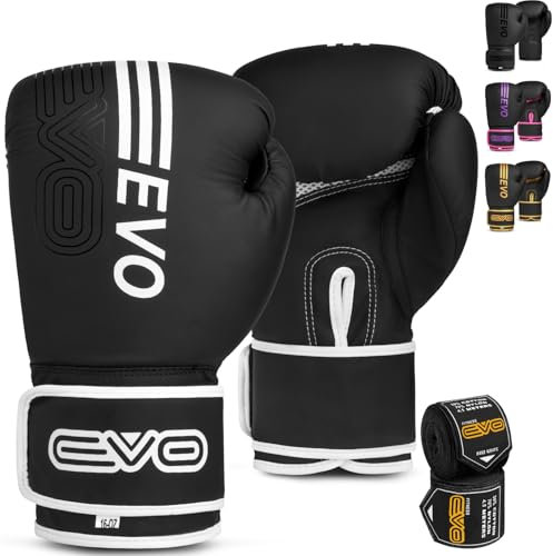 EVO Fitness Matte Black Boxing Gloves MMA Muay Thai Martial Arts Kick Boxing Sparring Training Fighting Men Punch Bag Women Pink Gloves With Hand Wraps (White, 12 OZ)
