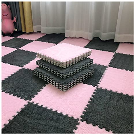 30 X 30 cm Ineinandergreifende Teppichfliesen, 10 Stück Eva-Schaumstoffmatten, Weiche, Flauschige Plüschteppiche, Bodenfliesen, Puzzle-Spielmatte Für Wohnzimmer, Schlafzimmer,Grey+pink