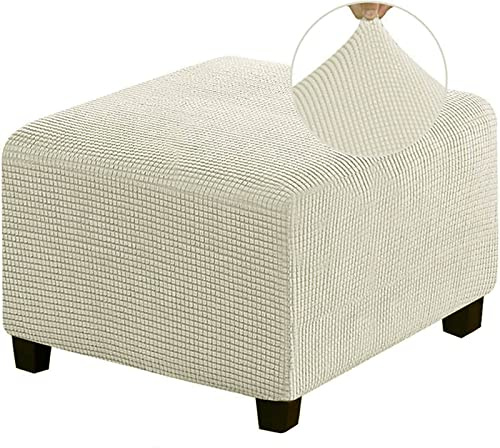 HJLRR Quadratischer Ottomanen-Bezug, dehnbar, dick, weicher Jacquard-Stoff, Fußhocker-Schutzbezüge, Abnehmbarer Rutschfester Möbelschutz, Aufbewahrung, Fußhocker(Beige)
