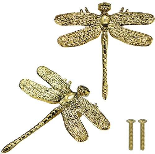 Goldfarbene Libellen-Schubladenknöpfe und Knöpfe für Tiere, Insekten, Schrank, Schubladen, Hardware, Möbelknöpfe und Ziehen für Kommodenknöpfe, Zinklegierung, Griffe 2 Stück (helles Gold)