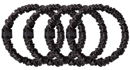 slip Silk Skinny Scrunchies - Black | Set of 4 Pure Skinny Scrunchies | 100% Mulberry Silk, Anti-Crease, Gentle on Hair, Reduces Breakage | Stylish & Durable, Ideal for All Hair Types