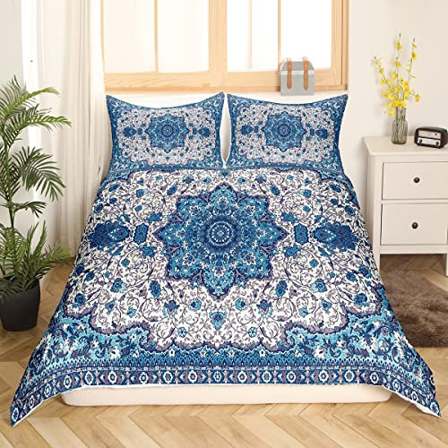 Persische Bettwäsche 135x200 Oriental Bett Set für Frauen Mädchen,Jahrgang Blumen Bettbezug Retro Tribal Muster Bettwäsche Set,Traditionelle Boho Blau Ästhetische Mandala Schlafzimmer Dekor 2 Stücke
