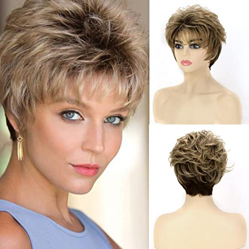 AIYLMZ Kurze flauschige blonde Perücken für Frauen, braune Bob-Perücke mit Pixie-Schnitt und Pony, dunkel verwurzelte synthetische Perücken (Blondes Gemischtes Braun)