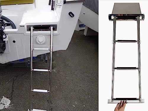 Badeleiter Bootsleiter 3 Stufen, Zusammenklappbar, Abnehmbare Box, Metall-Boarding-Leiter/Boots-Badeplattform-Leitern Mit Schwarzen Gummipedalen, For Wohnmobil/Kajak/Pooldeck, 88,9 Cm Hohe Badeleitern