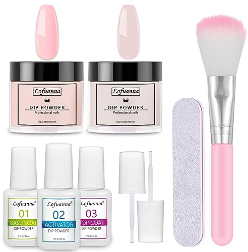 Lofuanna Dip Nail Starter Kit - 2 Colors With Base Top Coat Activator, No UV/LED Needed, 9Pcs DIY French Nail Art Manicure Set for Beginners (Pink Set)