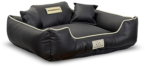 KING DOG Hundebett ECOSHINE Laufstall Antislip Schwarz mit weißem Rand Zwei kleine Kissen gratis dazu (115x95 cm)