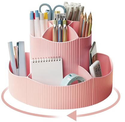 Lvjkes Faire tourner pot crayon, Rangement bureau 11 compartiments (Rose) | Grande capacité améliorée rotative à 360 °, Peut accueillir des crayons, Des stylos de couleur, Divers articles de papeterie