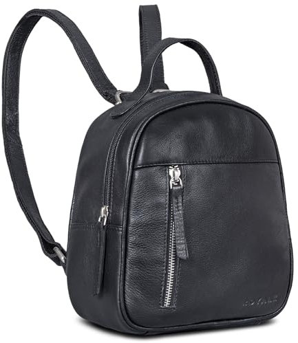 ROYALZ 'Olympia' Lässiger Kleiner Lederrucksack Damen Echtleder im Vintage Look - Eleganter Mini Rucksack perfekt als Tagesrucksack Cityrucksack Rucksackhandtasche, Farbe:Schwarz