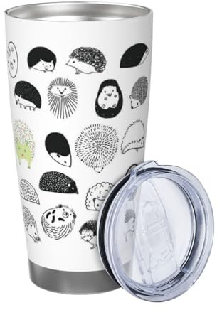 ZaKhs Isolierbecher mit Igel-Druck, 590 ml, mit Deckel und Strohhalm, Kaffeebecher, Edelstahl, Reisebecher für Damen und Herren