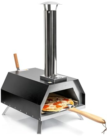 Pizzaofen Outdoor für Tisch und Co. | Garten-Ofen Edelstahl für Holz-Pellets, Holzkohle oder Holzscheite | Bis 500 ºC | Spatel, Stein, Tasche inklusive
