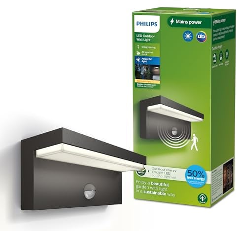 Philips Outdoor Ultra-Efficient Bustan Wandleuchte 3.8W, Bewegungssensor, 2700K warmweißes Licht, IP44 wetterfest, anthrazit