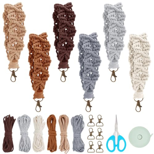 INFUNLY 6 Sets Makramee-Armband-Set, Boho-Makramee-Schlüsselanhänger-Set, Anleitung Inklusive, DIY-Makramee-Armband-Herstellungsset Für Anfänger, Beige, Grau, Schlüsselanhänger, Armband