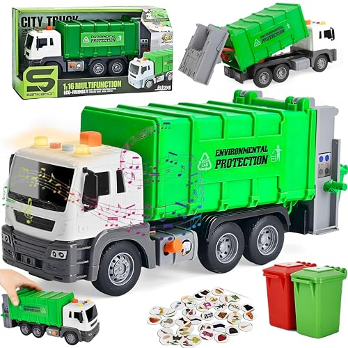SGM JS108 Garbage Truck Toy, Waste Management Recycling Truck Toy with Trash Cans, Friction Powered Garbage Truck Toy with Light & Sound, Back Bump, Educational Toys for Birthday Gift Toddlers & Kids