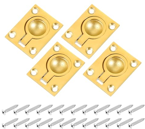 sourcing map 4Pcs Flush Ring Pull, 1.89-inch x 1.5-inch Stainless Steel Rectangle Recessed Door Pull with Screws for Furniture, Boat, Brass Tone