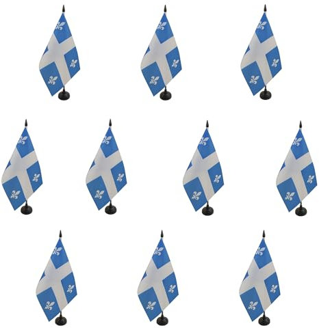 AZ FLAG - Lot de 10 Drapeau De Table Québec 21x14 cm - 10 Petits Drapeaux Québécois - Canada De Bureau 100% Polyester Avec Hampe De 25cm Et Socle En Plastique Noir