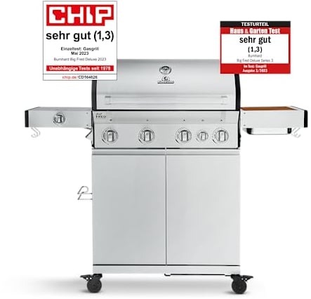 BURNHARD 4-Brenner Gasgrill Big FRED Deluxe Series 3 inkl. Backburner, 900°C Infrarot-Keramikbrenner, Seitenkochfeld, Edelstahl-Grillrost, Grillabdeckung, Edelstahl Grillwagen + klappbare Seitentische