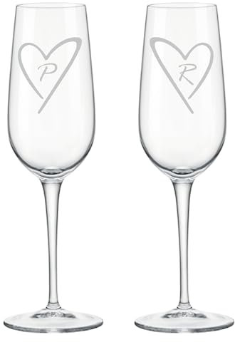 Colorfamily Set di 2 Calici Flute da Champagne Personalizzati con Incisione Iniziali Cuore, Regalo Matrimonio Anniversario per Coppia