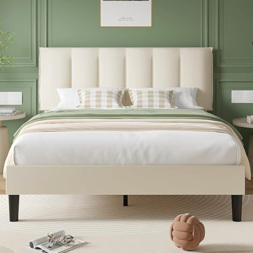 VECELO Double Size Bed Frame 4ft6 Upholstered Platform with Adjustable Velvet Headboard, Sturdy Wooden Slat Support, No Box Spring Needed, Easy Assembly, Beige
