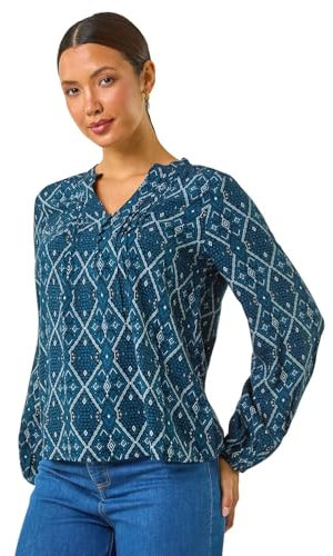 Roman Originals Pintuck Shirt for Women Ladies Jersey Blouse Collarless Top Flare Crinkle Notch Neck Tunic 3/4 Length Sleeve Longline Smart Casual Everyday Party Going Out - Teal Blue - Size 20